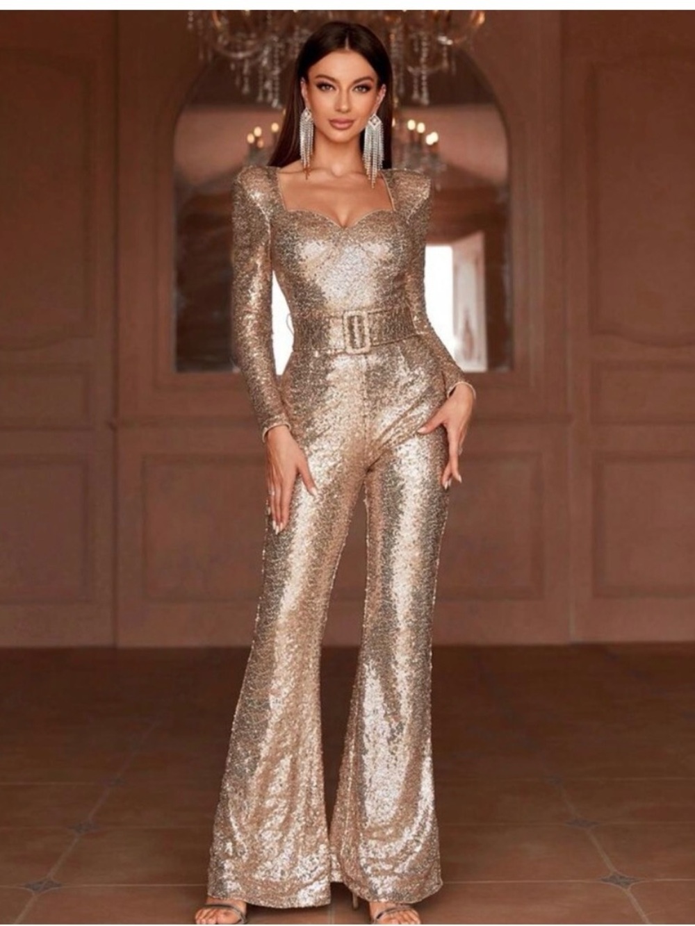 Faeriesty Gold Sequin Jumpsuit Size S Belted Long Sleeve Wide Leg Party Formal